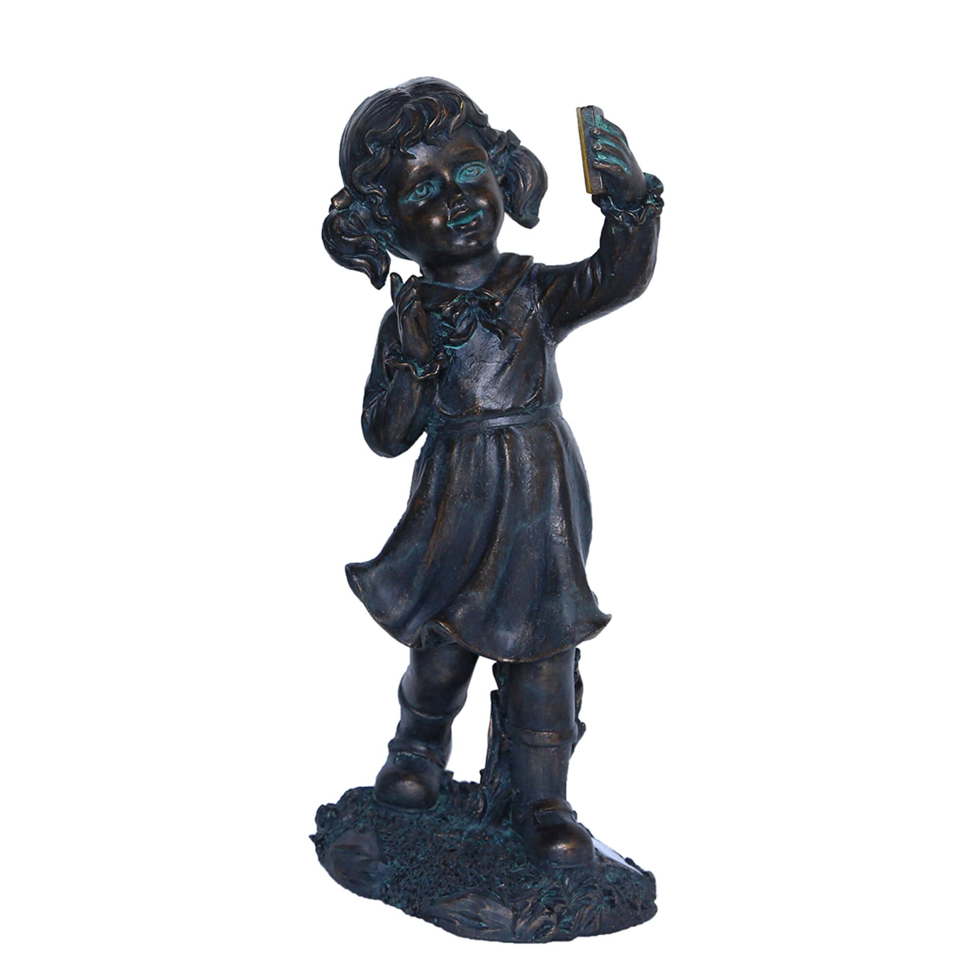 18" Distressed Black & Bronze Girl with Cell Phone Solar Powered LED Outdoor Garden Statue